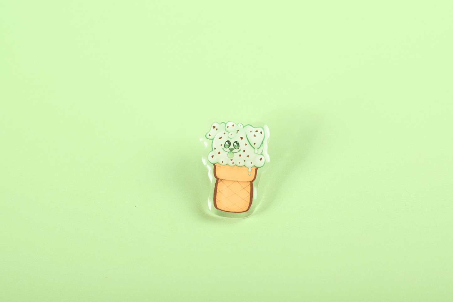 Mint Pupcone cat acrylic pin. Mint Pupcone Cat Food Pin. Created by MAWbomb. Art by LUCIDALPH4.