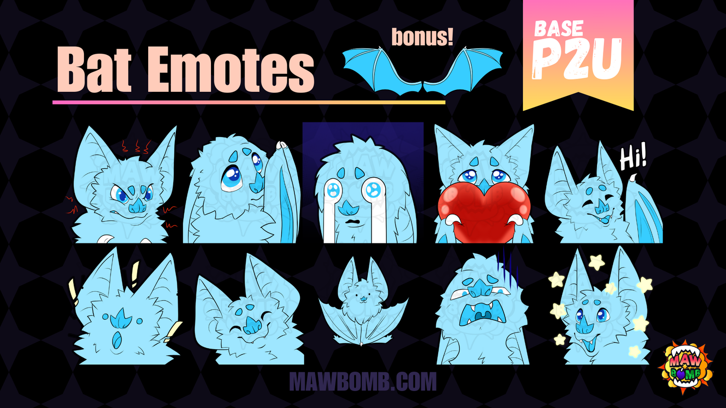 Pay to use Bat Emote Base. Emotes include Angry bat, begging bat, crying bat, heart bat, shocked bat, smiling bat, smol bat, frustrated bat, sparkles bat, waving bat, and bonus wings.