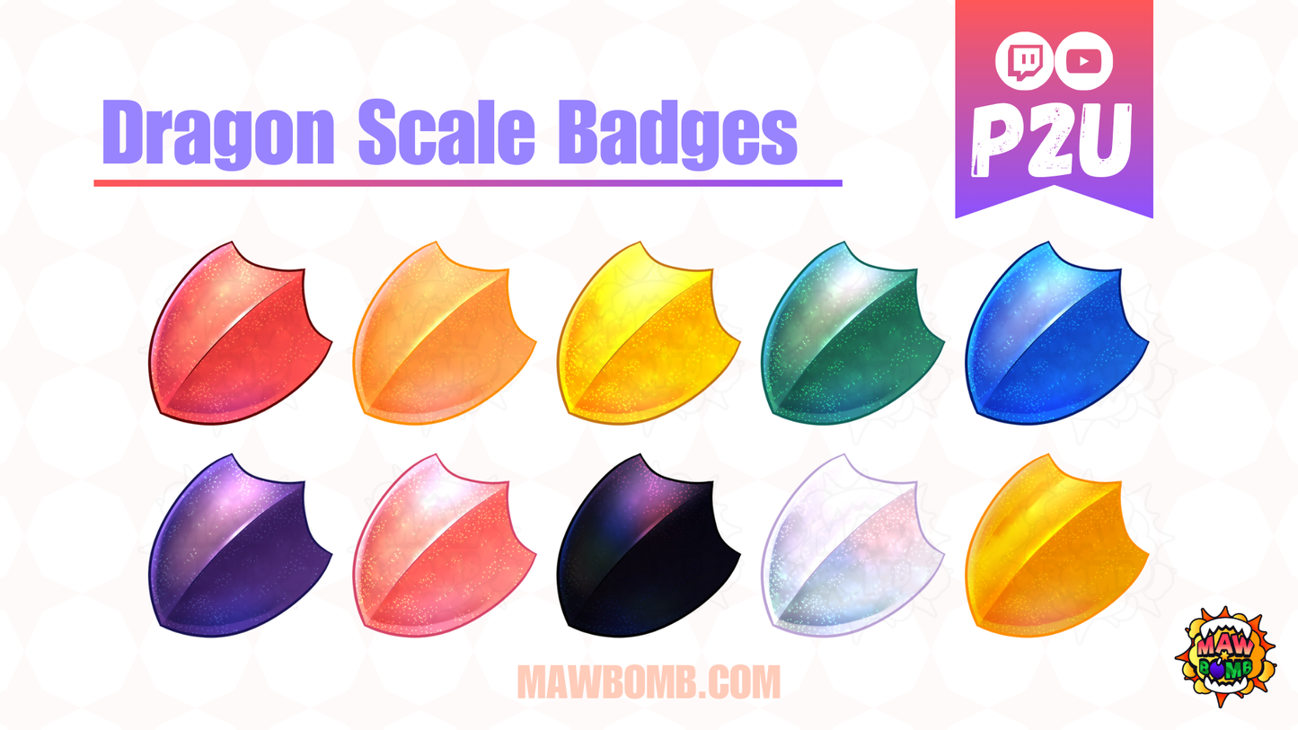 Dragon Scale Twitch Badges. Sub badges for twitch. Channel Points. Red Dragon Scale, Yellow Dragon Scale, Green Dragon Scale, Blue Dragon Scale, Purple Dragon Scale, Pink Dragon Scale, Gold Dragon Scale, Black Dragon Scale, White Dragon Scale