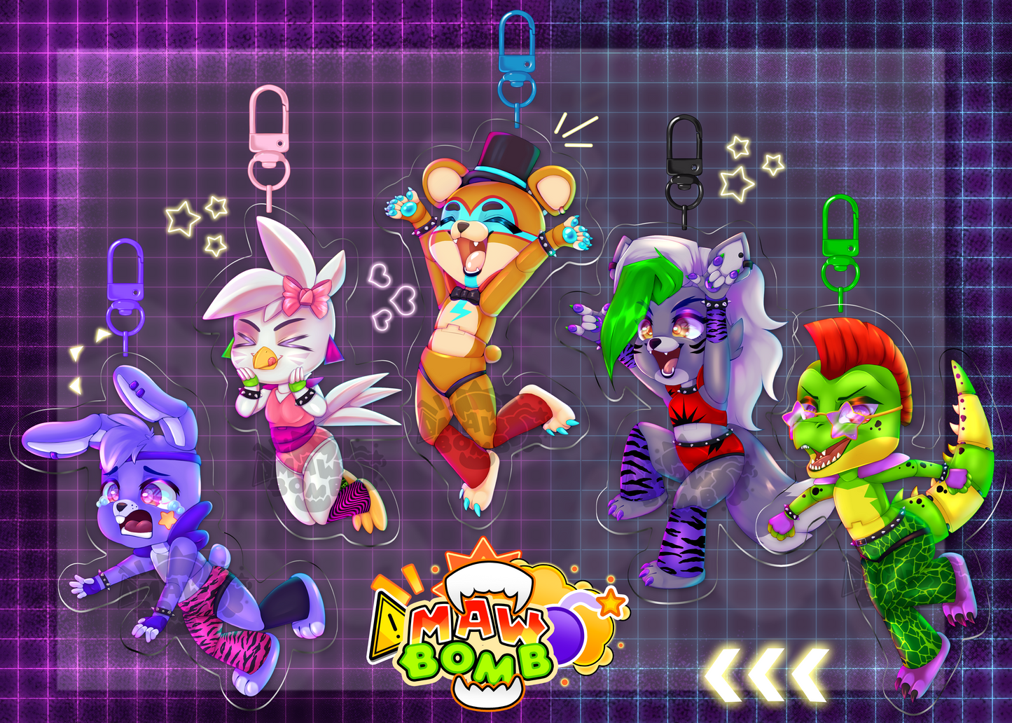 Five Nights at Freddy's Security Breach Charms. The Glamrock's Bonnie, Chica, Freddy, Roxxie, Monty from the game FNAF Security Breach.
