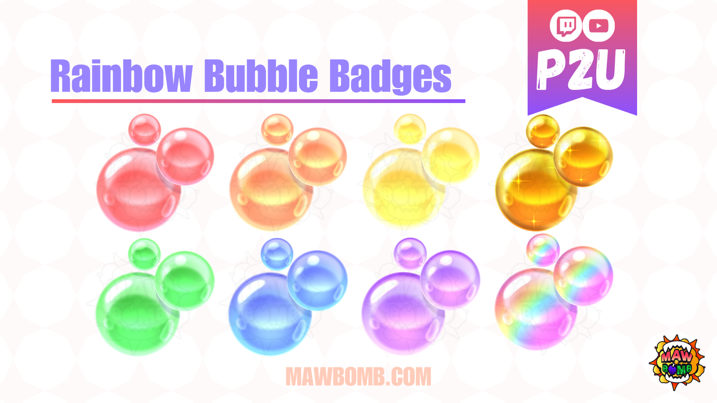 Rainbow bubble Twitch Badges. Sub badges for twitch. Channel Points for Twitch. Blue bubble Badge. Orange bubble Badge. Purple bubble Badge. Red bubble Badge. Green bubble Badge. Gold bubble Badge.