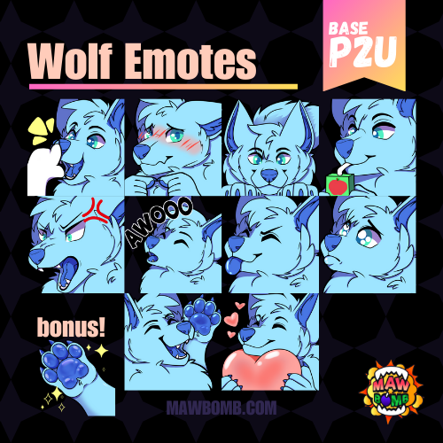 Pay to Use base of anthro/furry wolf. Emotes include Boop Wolf Emote, Blushy Wolf Emote, Peek wolf emote, sip wolf emote, wave wolf emote, angry wolf emore, howling wolf emote, blep wolf emote, pouting wolf emote, heart wolf emote.