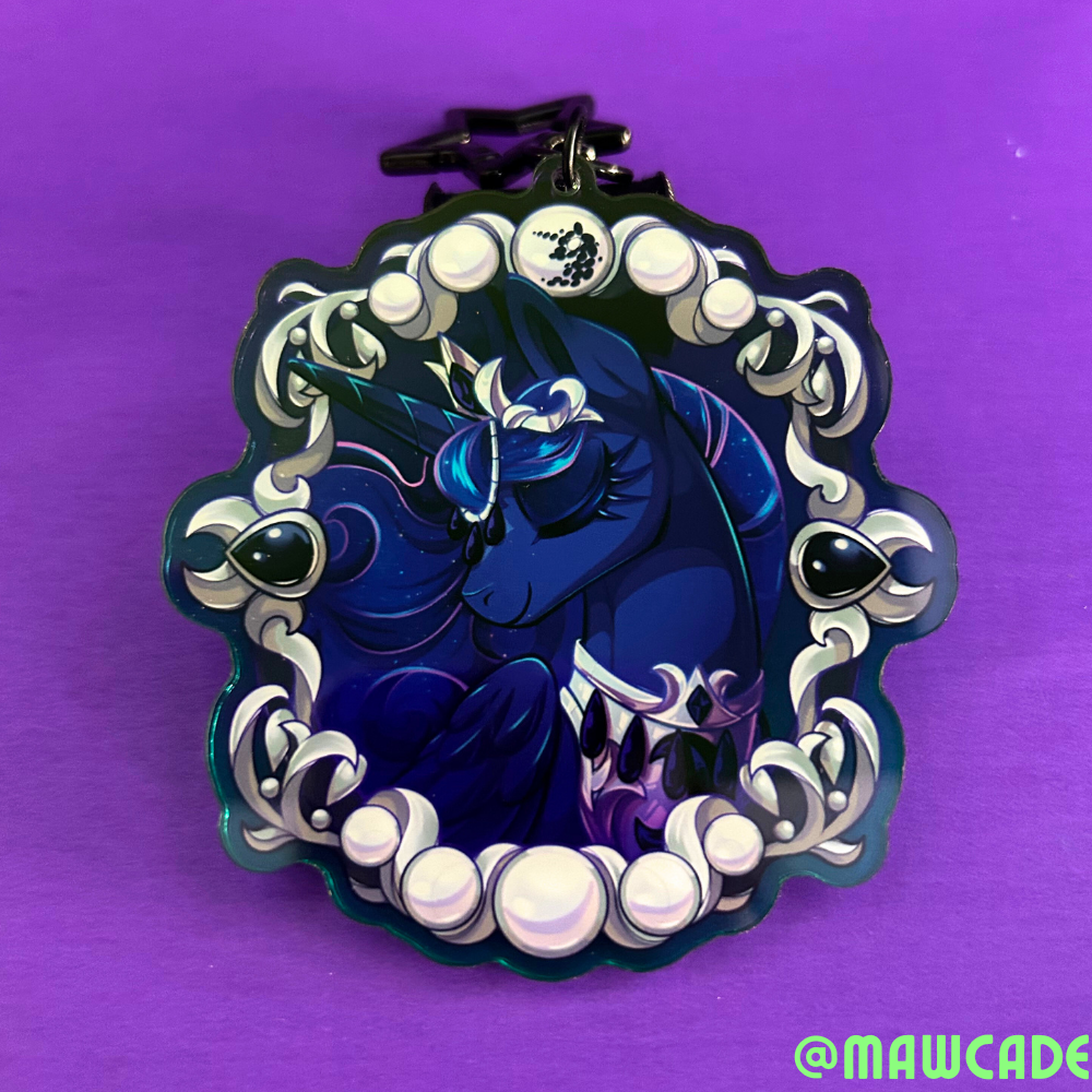 3 inch acrylic charm keychain featuring Princess Luna inspired pony royal sisters of My Little Pony, design on clear glossy acrylic