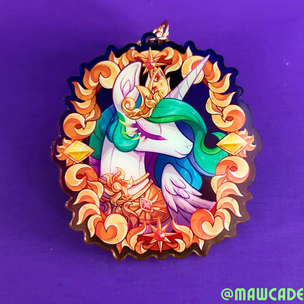3 inch acrylic charm keychain featuring Princess Celestia inspired pony royal sisters of My Little Pony, design on clear glossy acrylic