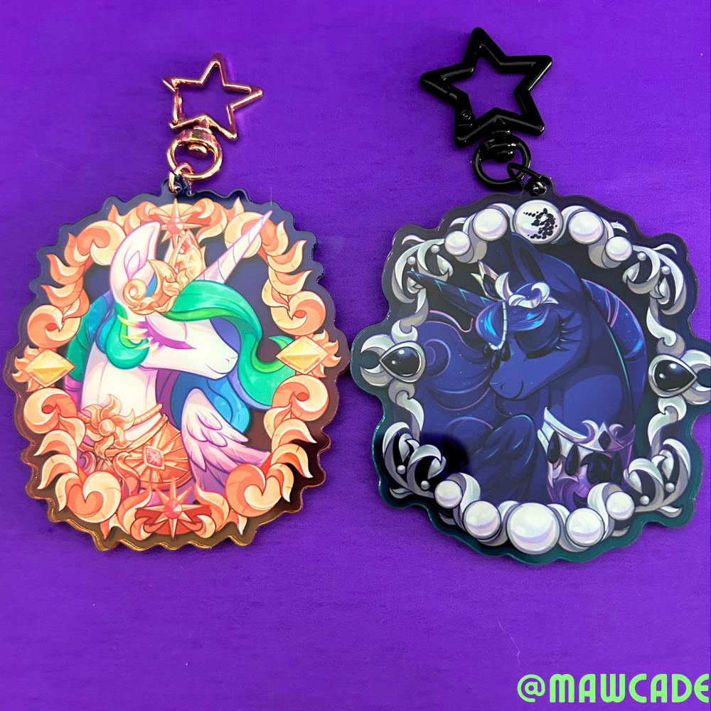 3 inch acrylic charm keychain featuring Princess Celestia and Princess Luna inspired pony royal sisters design on clear glossy acrylic