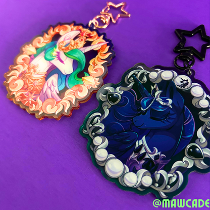 3 inch acrylic charm keychain featuring Princess Celestia and Princess Luna inspired pony royal sisters design on clear glossy acrylic