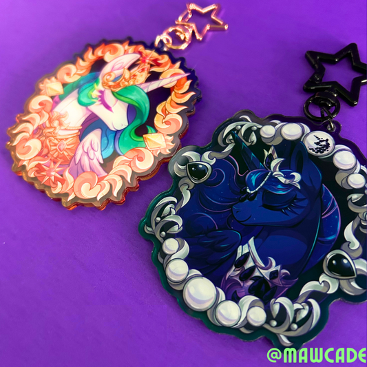 3 inch acrylic charm keychain featuring Princess Celestia and Princess Luna inspired pony royal sisters design on clear glossy acrylic