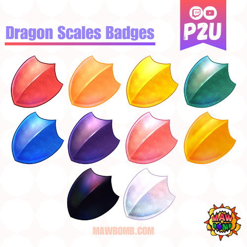 Dragon Scale Twitch Badges. Sub badges for twitch. Channel Points. Red Dragon Scale, Yellow Dragon Scale, Green Dragon Scale, Blue Dragon Scale, Purple Dragon Scale, Pink Dragon Scale, Gold Dragon Scale, Black Dragon Scale, White Dragon Scale