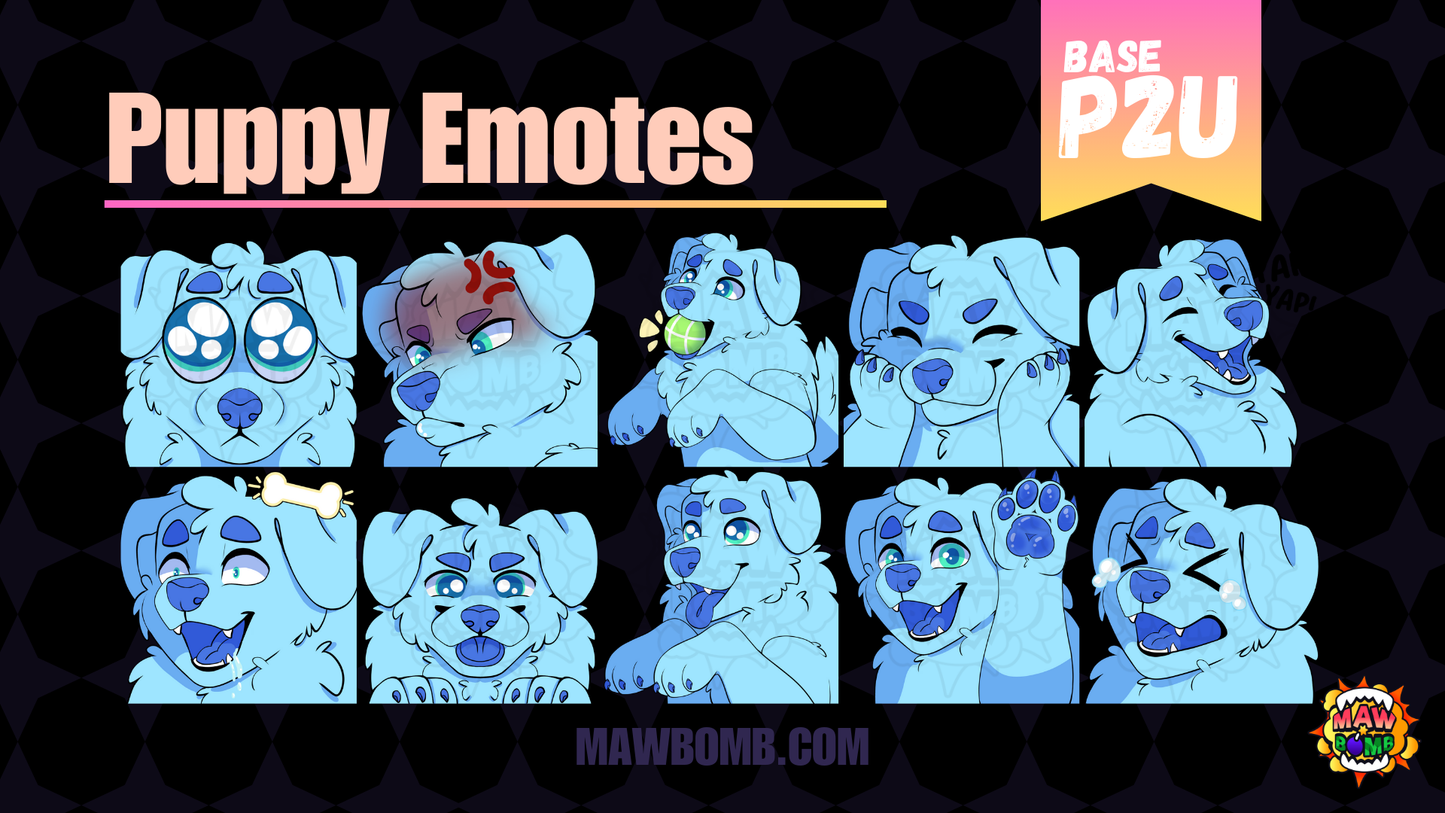 Pay to use Puppy Emote Base. Emotes include puppy eyes emote, angry puppy, fetch puppy, happy puppy, drooling puppy, blep puppy, begging puppy, waving puppy, crying puppy, laughing puppy.