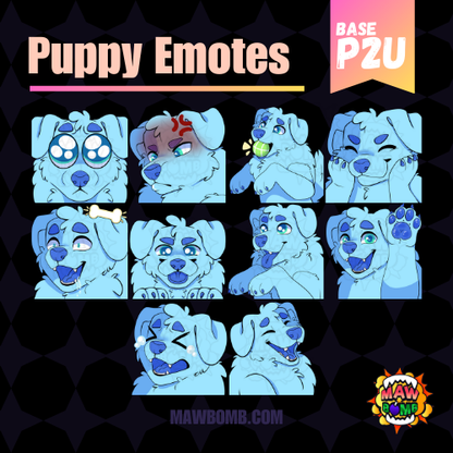 Pay to use Puppy Emote Base. Emotes include puppy eyes emote, angry puppy, fetch puppy, happy puppy, drooling puppy, blep puppy, begging puppy, waving puppy, crying puppy, laughing puppy.