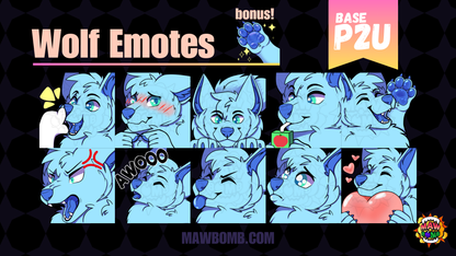 Pay to Use base of anthro/furry wolf. Emotes include Boop Wolf Emote, Blushy Wolf Emote, Peek wolf emote, sip wolf emote, wave wolf emote, angry wolf emore, howling wolf emote, blep wolf emote, pouting wolf emote, heart wolf emote.
